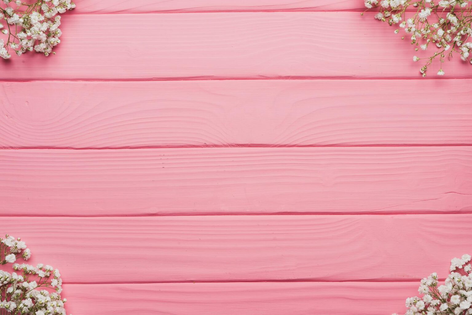 Aesthetic pink wooden background with white baby's breath flowers, ideal for weddings and events.